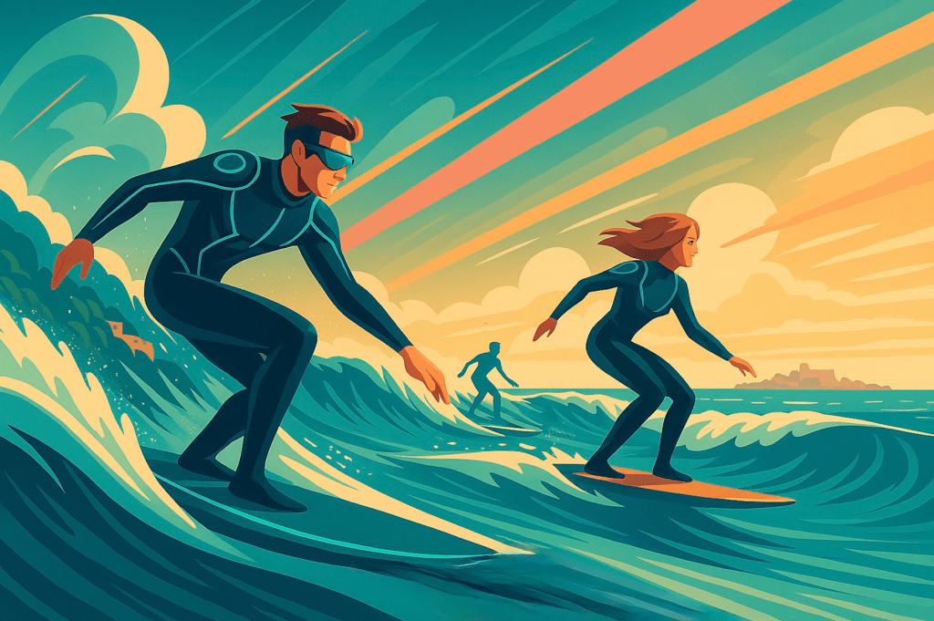 Trois Surfeurs du futur qui surf des vagues aux sables d'olonne.